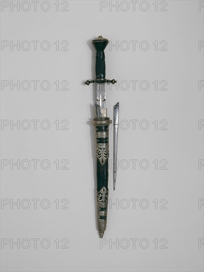 Dagger with Two Awls and Sheath for the Bodyguard of the Elector of Saxony, 1580, Silver mounts marked by Wolf Paller Paller (German, died 1583), Dresden, Dresden, Steel, silver, wood, and leather, L. 36.8 cm (14 1/2 in.)