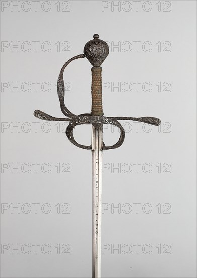 Rapier and Scabbard, c. 1630, Probably Flemish, Flanders, Steel, iron, copper, textile, leather, and wood, Overall L. 120.5 cm (47 7/16 in.)