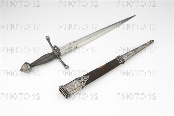 Parrying Dagger with Scabbard, 1590/1600, German, Dresden, Dresden, Steel, silver, and wood, silvered hilt and silver-mounted scabbard, Overall L. 38.8 cm (15 1/4 in.)