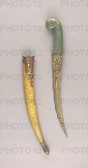 Dagger (Khanjar) with Scabbard, 18th/19th century, Blade, Iranian, dated 1128 Hejira (A.D. 1715), Ottoman Turkish, Dahestan, Steel, gold, and jewels, L. 45.8 cm (18 in.)