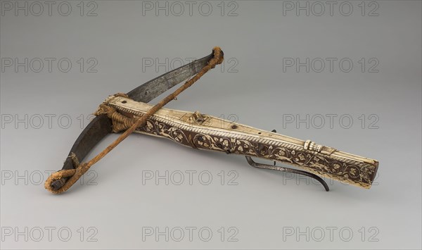 Crossbow, 1570, South German, Possibly Nuremburg, Nuremberg, Steel, fruitwood, staghorn, ivory, silk fiber, and hemp, 10.8 × 62.9 × 61 cm (4 1/4 × 24 3/4 × 24 in.)