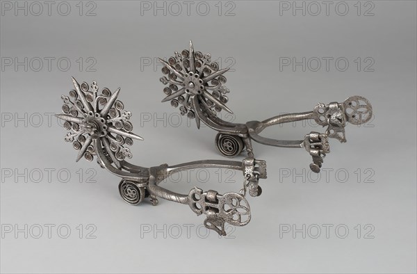 Pair of Rowel Spurs, 18th/19th century, Mexican, México, Iron, L. 13 cm (11 1/2 in.), W. 12.1 cm (4 3/4 in.), Rowel diam. 13 cm (5 1/4 in.)