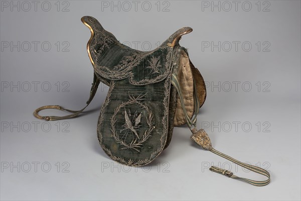 Saddle, late 18th century, possibly 19th century(?), Turkish(?), Spain, Wood, velvet, canvas, silver thread, gilt brass, leather