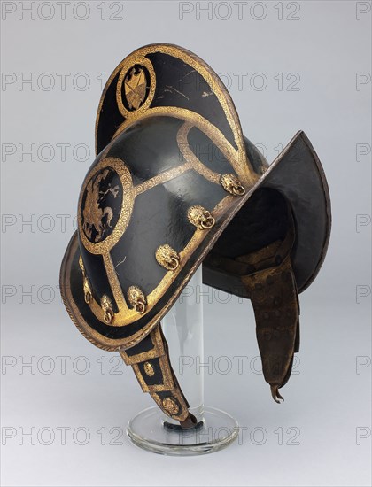 Morion for the Bodyguard of the Elector of Saxony, c. 1580, Probably Hans Michel, (German, 1539-1599) Nuremberg, Nuremberg, Steel, brass, gilding, leather, and paint, 35.5 × 34.3 × 24 cm (14 × 13 1/2 × 9 1/2 in.)