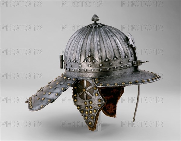 Zischägge (Helmet), 1620/30, Flemish, Flanders, Steel, brass, leather, and silk, H. 31.75 cm (12 1/2 in.)