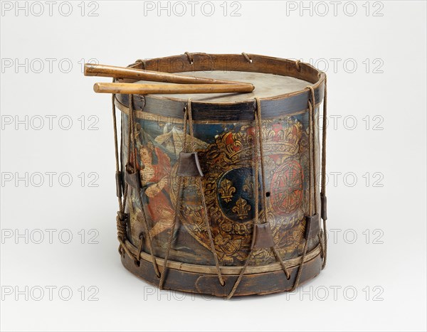 French Military Side Drum and Drumsticks, 1772, French, France, Wood, brass, iron, hide, cord, and paint, 64.5 × 43.2 cm (25 3/8 × 17 in.)