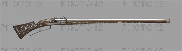 Matchlock Musket for Target Shooting for the Court of Christian II, Elector of Saxony, 1600/10, Probably Dutch, Netherlands, steel, brass, walnut, staghorn, and mother-of-pearl, L. 133 cm (52 3/8 in.)