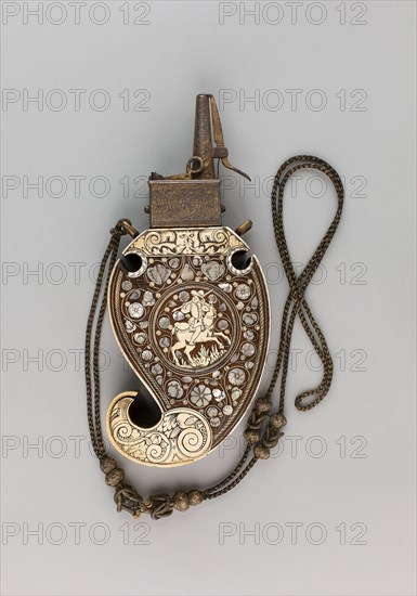 Powder Flask, c. 1620/30, German, Saxony, Germany, Walnut, mother-of-pearl, and iron, with gilding, H. 23.5 cm (9 1/4 in.)