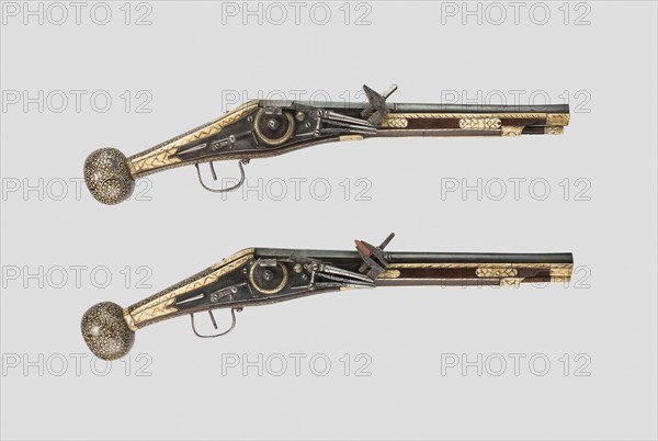 Pair of Wheellock Pistols, 1577, A. Drechsler, German, Dresden, Dresden, Steel, L. 62 cm (24 3/8 in.)