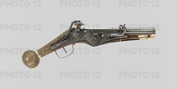 Double-Barrel Wheellock Pistol (Puffer), 1580/1600, German, Saxony, Saxony, Steel, copper alloy, pyrite, leather, fruitwood, and staghorn, L. 57.8 cm (22 3/4 in.)