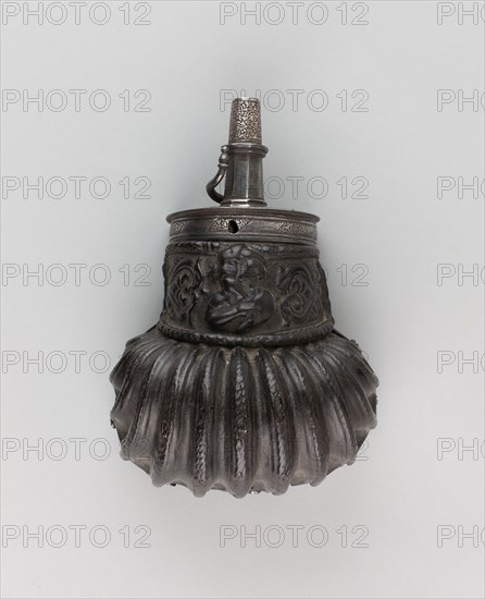 Powder Flask, 1570/80, Italian, Italy, Steel, iron, silver, wood, and leather, H. 17.8 cm (7 in.)