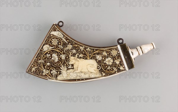 Powder Flask for Archduke Mathias of Austria (Emperor 1612-19), early 17th century, Austrian, Germany, Walnut, horn, ivory, and iron, L. 21.2 cm (8 3/8 in.)