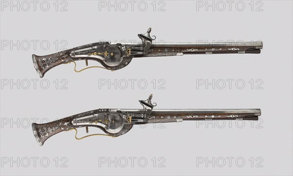 Pair of Wheellock Pistols, 1620/30, German, Rhineland, Walnut, gilt brass, and silver, L. 63.5 cm (25 in.)