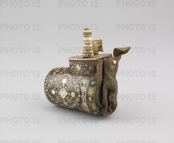 Powder Flask with Bullet Pouch, mid–17th century, Polish, Silesia, Teschen, Central Europe, Wood, horn, mother-of-pearl, leather, brass, and iron, 21.6 × 21.6 cm (8 1/2 × 8 1/2 in.)