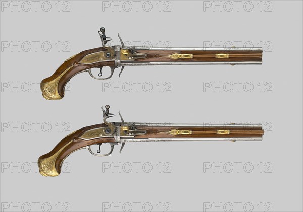 Double-Barrel Revolving Flintlock Holster Pistol (One of a Pair), 1720/30, Gunsmith: T. (Thomas) Thiermay (Flemish, active about 1720-50), Barrelsmith: Daniel Thiermay (Flemish, active about 1700-40), Liège, Liège, Steel, brass, gilding, and walnut