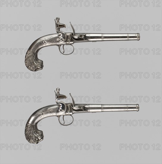 Pair of Flintlock Turn-Off Pistols, 1760/70, English, London, London, Steel, leather, and flint, L. 30 cm (11 13/16 in.)