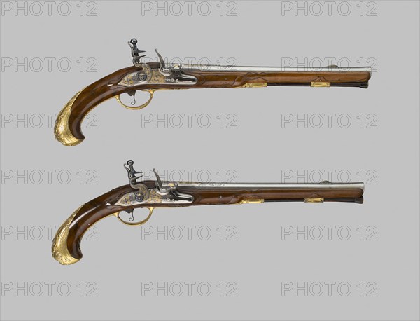 Flintlock Holster Pistol (One of a pair), 1720/30, Johann Jacob Behr (Flemish, active 1690-1745), Liège, Liège, Steel, brass, gilding, and walnut, L. 50.8 cm (20 in.)