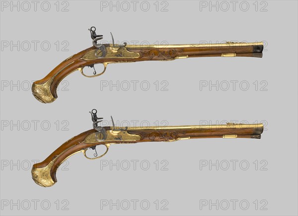 Pair of Flintlock Holster Pistols, c. 1700/25, Austrian, Vienna, Vienna, steel, brass, gilding, walnut, and horn, L. 53.3 cm (21 in.)