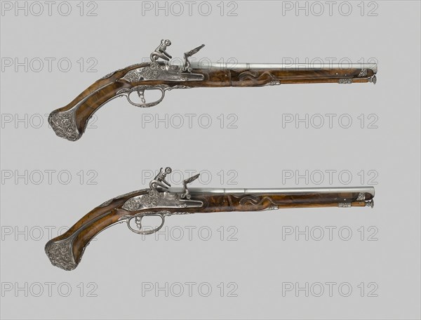 Pair of Flintlock Holster Pistols, c. 1680/90, Italian, Gardone Val Trompia, Barrels by Vicenzo Cominazzo, Italy, Steel and wood, L. 48.8 cm (19 1/4 in.)
