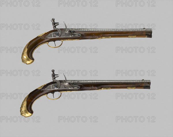 Pair of Flintlock Holster Pistols, c. 1720/30, Belgian, Liège, Liège, Steel, silver, brass, wood (walnut), and mercury gilding, L. 48 cm (18 7/8 in.)