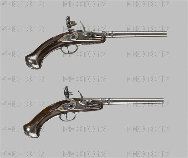 Flintlock Turn-Off Holster Pistol (One of a Pair), 1680/90 and 1732, Barrel Smith: Domenico Bonomino, (Italian, about 1635-c. 1700), Gunsmith: Johann Casimir Tanner, (German, 1691- 1764), Barrel: Brescia, lock and stock: Sonderhausen, Germany, Steel, gilding, lead, flint, walnut, Overall L. 39.3 cm (15 1/2 in.)