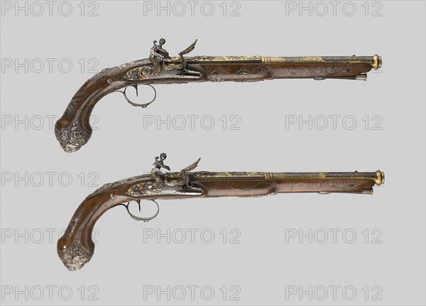 Pair of Presentation Flintlock Pistols in the Eastern Fashion, c. 1825, Gunsmith: Vergnes, (French, active about 1825–45) Marseille, Marseille, Steel, silver, gold, walnut, and flint, L. 51.5 cm (20 1/4 in.)