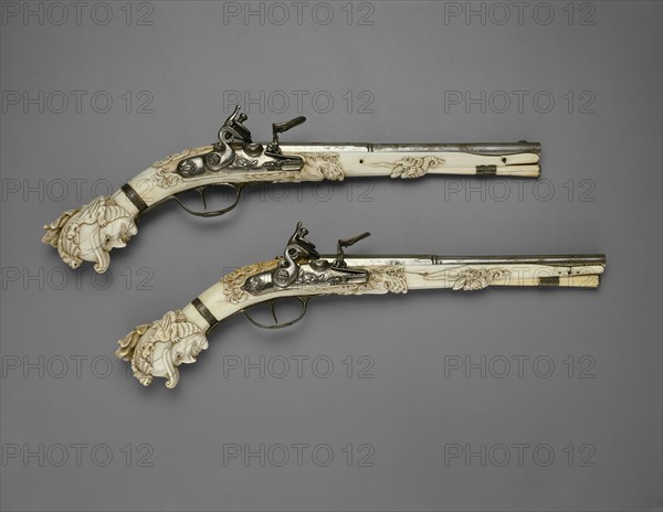 Pair of Flintlock Pistols, 1660/70, Dutch, Maastricht, Maastricht, steel, silver, ivory, ebony, leather, and flint, L. 45.6 cm (17 15/16 in.)