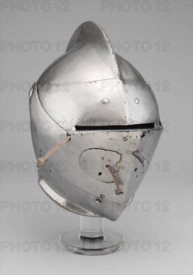 Close Helmet for the Joust and Tourney, c. 1590, South German, probably Augsburg, Augsburg, Steel and leather, H. 22.2 cm (8 3/4 in.)