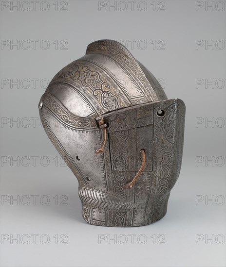 Portions of a Jousting Helmet, 1570/80, Italian, Milan, Milan, Steel, gilding, and leather, H. 40.6 cm (16 in.)