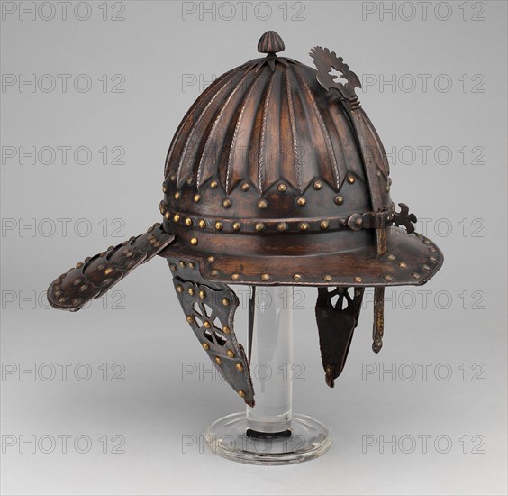 Zischägge, c. 1620/30, Flemish, Flanders, Steel with gilding, brass, and leather, H. 30.5 cm (12 in.)