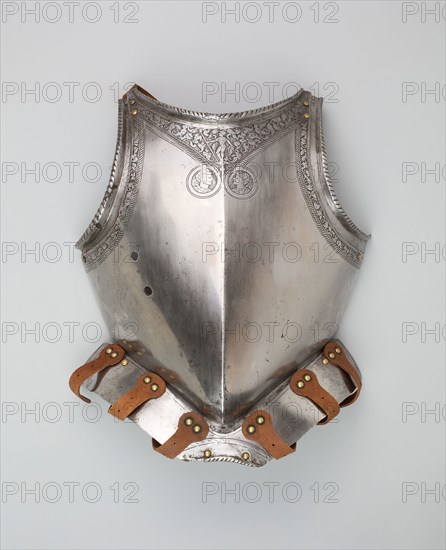 Breastplate with Associated Skirt for Half-Armor, c. 1580, Northern Italian, Italy, northern, Steel, etched