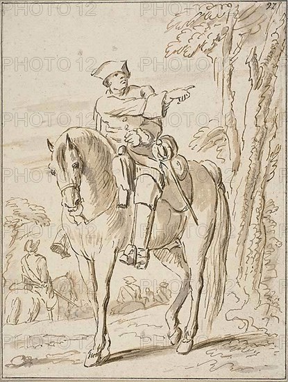 Equestrian Pointing Left, n.d., Charles Parrocel, French, 1688-1752, France, Pen and brown ink, with brush and gray-brown wash, on ivory laid paper, tipped onto buff laid paper, 220 × 166 mm