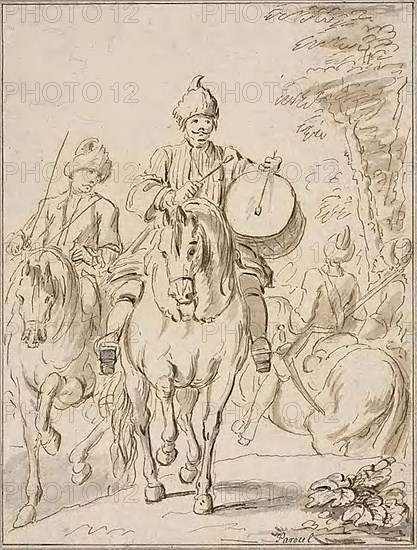 Oriental Riders, n.d., Charles Parrocel, French, 1688-1752, France, Pen and brown ink, with brush and gray and brown wash, over traces of graphite, on ivory laid paper, tipped onto buff laid paper, 232 × 176 mm