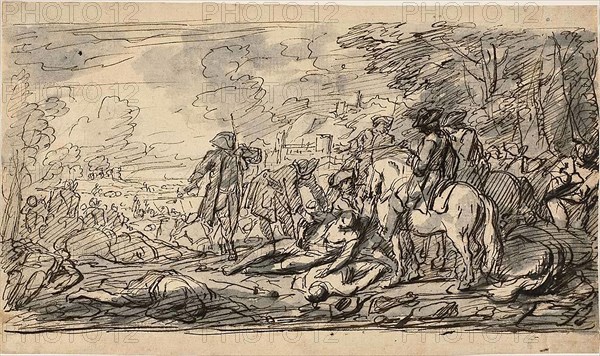 Cavalry Surveying the Wounded, n.d., Charles Parrocel (French, 1688-1752), or Joseph Francois Parrocel (French, 1704-1781), France, Pen and iron gall ink, with brush and gray wash, over traces of black chalk, on cream laid paper, 210 × 357 mm