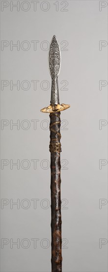 Boar Spear, 1680/1700 with later decoration, Austrian, Austria, Steel, brass, staghorn, leather, wood, and silk velvet, L. 149.9 cm (59 in.)