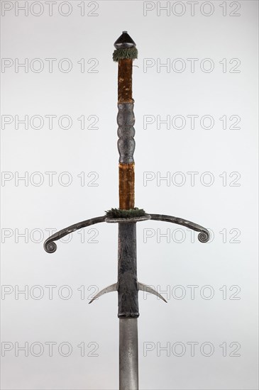 Two-Handed Sword with Scabbard, 1580/1600, German, possibly Munich, Munich, Steel, iron, wood, silk velvet textile, wood fiber, and leather, Overall L. 169 cm (66 1/2 in.)