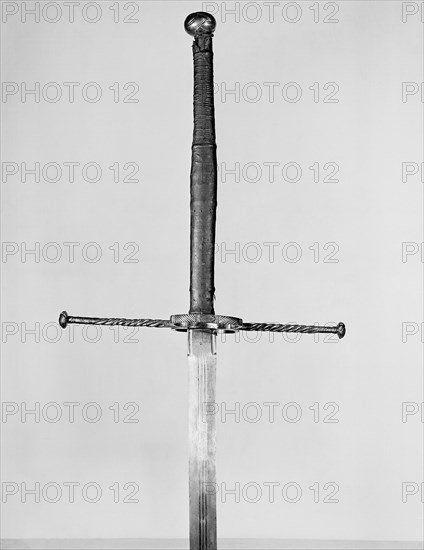 Two-Handed Sword, mid–16th century, German, Germany, Steel, leather, and buckram, Overall L. 167.6 cm (66 in.)