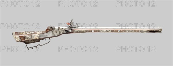 Wheellock Rifle, first half of 17th century, Silesia (present day Poland), Germany, Iron, silver, fruitwood, staghorn, and mother-of-pearl, L. 89.5 cm (35 1/4 in.)