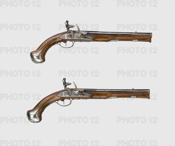 Pair of Flintlock Holster Pistols, about 1740, Joseph Etienne Brion (French, active 1740-1747), Paris, Paris, Steel, gold, walnut, and flint, L. 40.3 cm (15 7/8 in.)