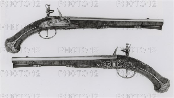 Pair of Flintlock Holster Pistols, c. 1670, Gunsmith: Gerrit Lasonder, (Dutch, active 1659-87), Utrecht, Utrecht, Steel, copper, walnut burl, L. 52 cm (20 1/2 in.)