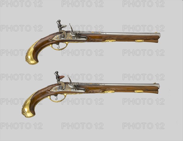 Pair of Flintlock Pistols, 1700/30, Johann Jacob Behr, Flemish, Maastricht or Liège, Germany, Walnut, brass, and gold, L. 48.8 cm (19 1/4 in.)