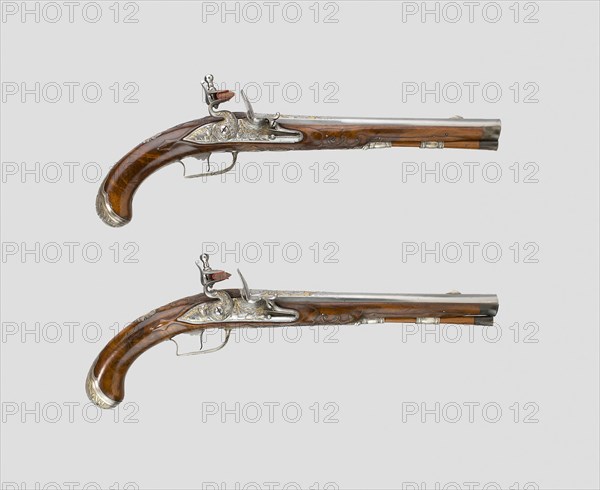 Flintlock Holster Pistol (One of a Pair), 1720, French, France, Steel, walnut, silver, and gold, Overall L.: 43.2 cm (17 in.)