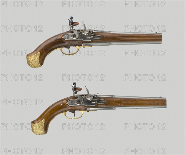 Pair of Double-Barrel Flintlock Pistols, c. 1730, German, Saxony, Saxony, Steel, gilt bronze, L. 38.7 cm (15 1/4 in.)