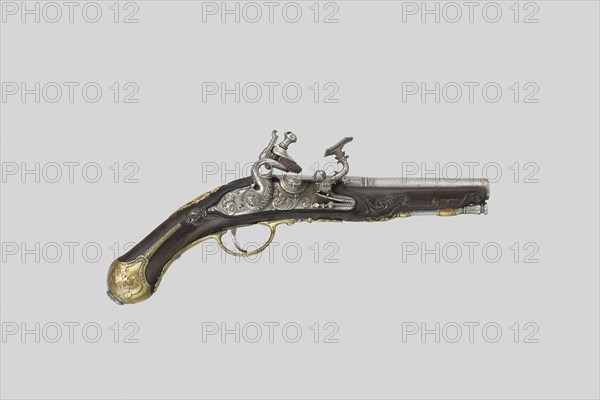 Snaphance Belt Pistol, dated 1775, in style of c. 1700, Lock signed Domenico Guardiani, Italian, Anghiara, died after 1839, Italy, Steel, brass, walnut, and gold, L. 26 cm (10 1/4 in.)