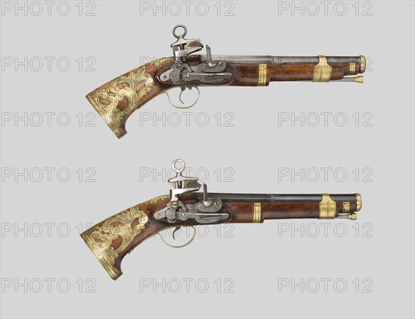 Pair of Miquelet Pistols, 1760/80, Spanish, Ripoll, Ripoll, steel, brass, walnut, and flint, L. 36.8 cm (14 1/2 in.)