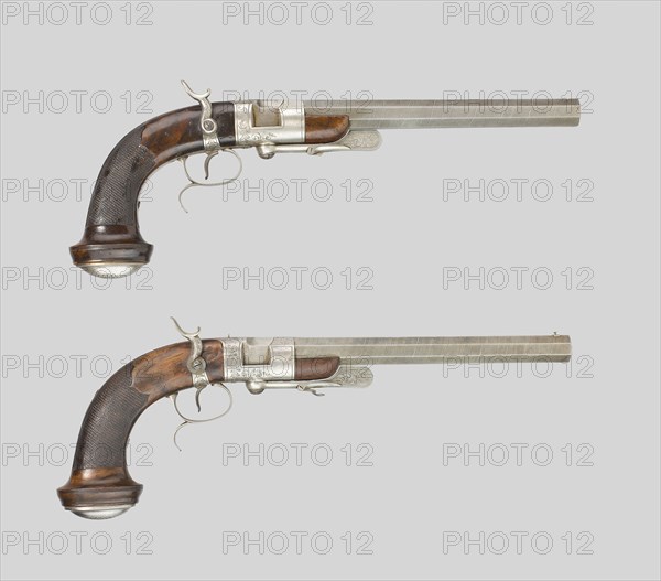 Pair of Breechloading Percussion Rifled Dueling Pistols, c. 1850, Beatus Beringer, French, Paris and Saint-Etienne, Paris, Walnut and steel, Overall l. 40.5 cm (15 7/8 in.)