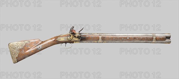 Double-Barreled Flintlock Blunderbuss, 1800, Russian, Russia, Walnut, iron, gold, and silver, L. 72.3 cm (28.5 in.)