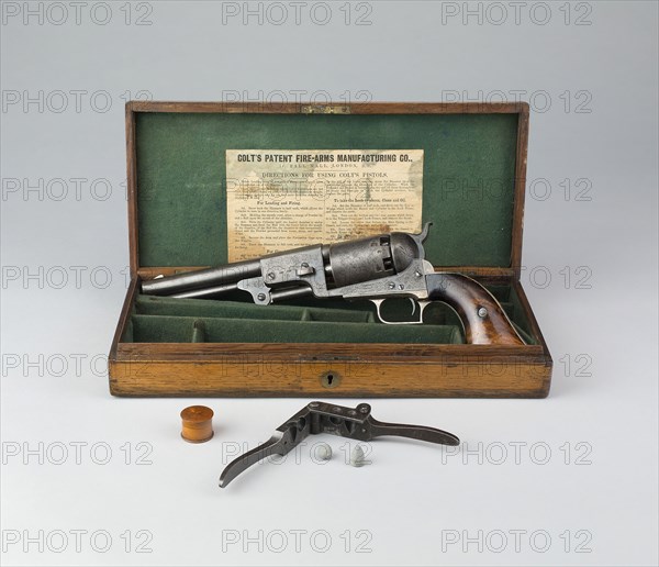 Cased Colt Dragoon Model 1848 (1st issue) Revolver, 1848/68, English, England, Steel, brass, oak (case), lead (bullets), and ivory (cap box), Caliber .44