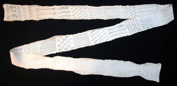 Sampler, 1825/75, Germany, Cotton, knitted, glass beads attached to form initials at one end, crocheted edging, 237.1 x 9.5 cm (93 3/8 x 3 3/4 in.)