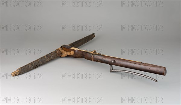 Crossbow, 1460/90, German, Europe, Steel, iron, horn, bone, staghorn, birch bark, cherrywood, and hemp fiber, 14 × 78.1 × 76.8 cm (5 1/2 × 30 3/4 × 30 1/4 in.)